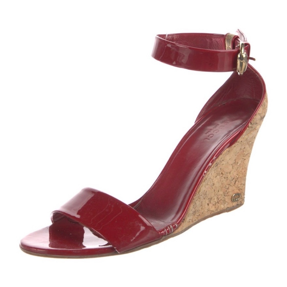 Gucci Red Patent Leather Cork Wedge Sandals - Picture 2 of 16